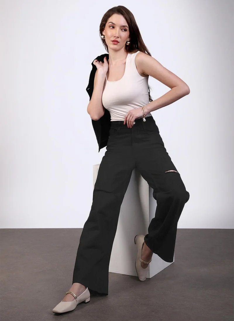 Urbano Fashion  Urbano Fashion Women's Black Regular Fit Wide Leg Mild Distressed/Knee Slit Washed Jeans for Women | Best Price UAE